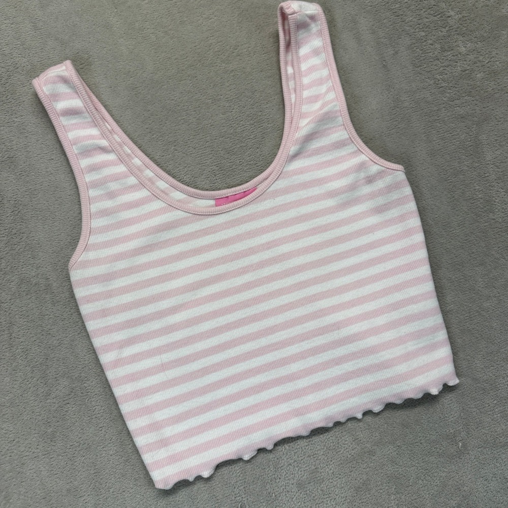 Stoney Clover Shirt Women's XS Tank Top Pink White Striped Ribbed Lettuce Hem